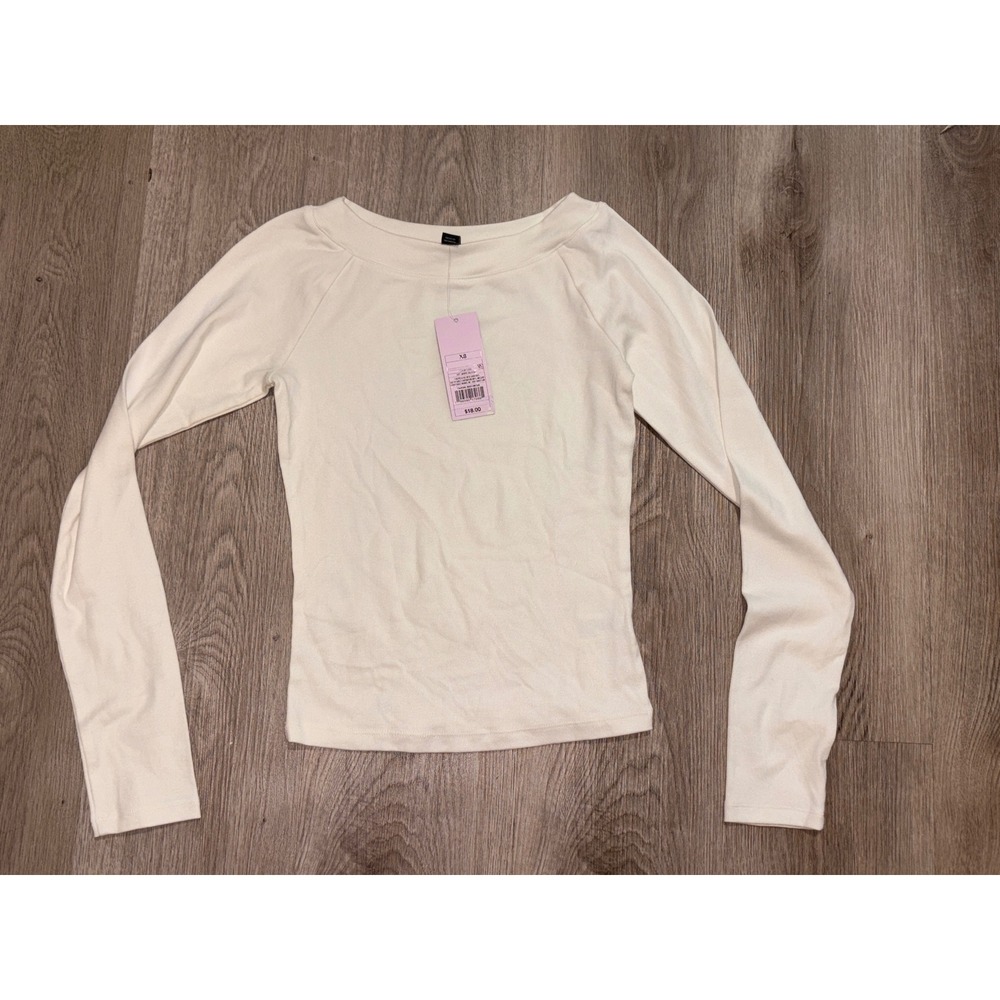 Wild Fable Cream Ribbed Long Sleeve Scoop Neck Top XS NWT Off White Slim‎ Fit